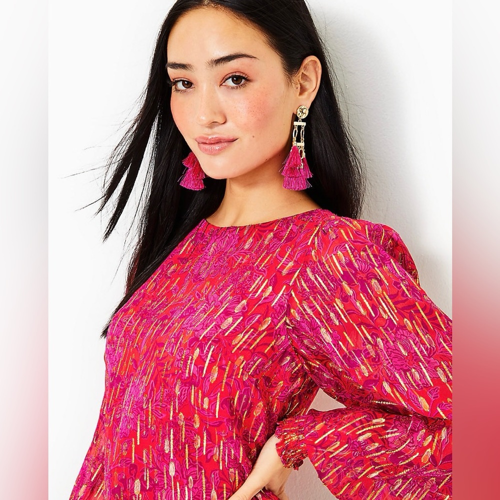 Lilly Pulitzer Alfreda Long Sleeve Top in Amaryllis Red Secret Hideaway Size 16 - Picture 2 of 13